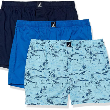 Nautica Men's Cotton Woven 3 Pack Boxer Shorts, Spinner Blue/Peacoat/Tropical Scenic Print, L