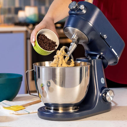 GE Tilt-Head Electric Stand Mixer | 7-Speed, 350-Watt Motor | Includes 5.3-Quart Bowl, Flat Beater, Dough Hook, Wire Whisk & Pouring Shield | Countertop Kitchen Essentials | Sapphire Blue