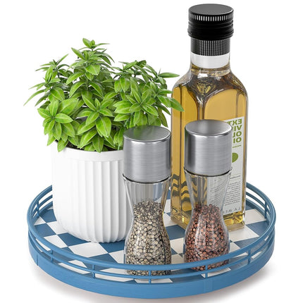 Blue and White Checkerboard Lazy Susan with Rubber