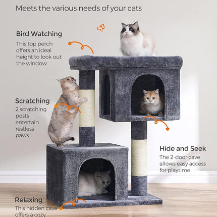 Feandrea Cat Tree Tower, 101 cm, XL, Condo for Extra Large Cats up to 44 lb, Large Perch, 2 Caves, Scratching Post, Smoky Gray,UPCT614G01
