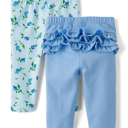 The Children's Place Baby Girls' and Newborn Pull on Pants, Blue Floral/Blue Ruffle 2-Pack, 12-18 Months