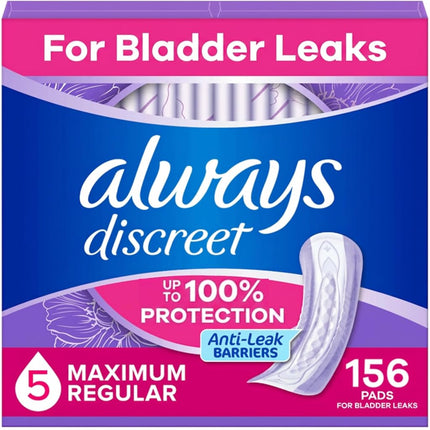 Always Discreet Adult Incontinence Pads for Women, Heavy Absorbency, Long Length, Postpartum Pads, 156 CT
