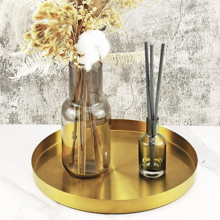 FREELOVE Gold Serving Tray, 12 in. Round Tray Stainless Steel Platter Bathroom Sink Vanity Trays Cosmetics Jewelry Organizer Towel Tray Tea Tray Decorative Tray (Brass, Round 12 inch)