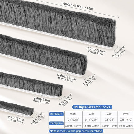 ZOMPAGO Brush Weather Stripping,0.9 in x 0.4 in x 32.8 FT,Grey,Insulation,Sliding Seal Strip,Glass,Window Felt,Brush Door Sweep,Self Adhesive Draft Blocker,Dust Stopper Sliding Door Seal Winter