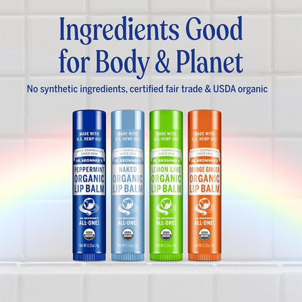 Dr. Bronner's Organic Lip Balm 4 Pack Naked Peppermint Lemon Lime Orange Ginger