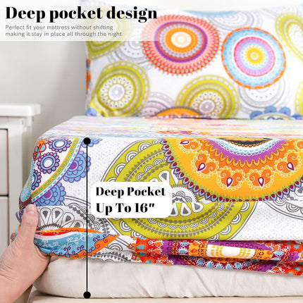 Bedlifes King Sheet Set Printed Sheets Ultra Soft Patterned Sheet Set Deep Pocket Flat Sheet& Fitted Sheet& Pillowcases 100% Microfiber 4 Piece King Size Multicolor Mandala