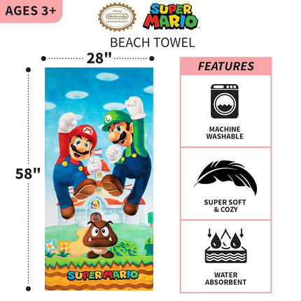 Franco Kids Super Soft Cotton Beach Towel, 28" x 58", Mario