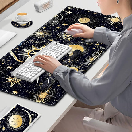 Gaming Mouse Pad, Large Desk Mat, Cute Desk Pad Protector, 4in1 XXL Mousepad + Keyboard Wrist Rest+Mouse Wrist Rest+Coaster Set with Ergonomic Desk Pad for Home Office PC Computer, Stars and Moon