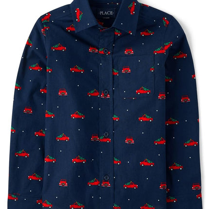 Chemise boutonnée à manches longues pour garçon The Children's Place, imprimé camion de Noël, taille M