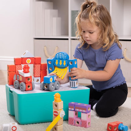 Melissa & Doug Blockables™ Deluxe City Snap and Play, Mix and Match Connectable Wooden Building Blocks Set with Storage Bin and Play Lid (122 Pcs) Ages 2 to 7- FSC Certified