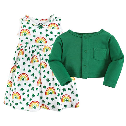 Hudson Baby Baby Girls' Cotton Dress and Cardigan Set, St Patricks Rainbow, 5T