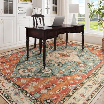Lahome Boho Tribal Area Rug - 8x10 Large Living Room Area Rug for Bedroom Aesthetic, Washable Playroom Mat Vintage Soft Nursery Accent Carpet for Dining Family Room Foyer Apartment Den,Rust