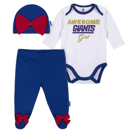 NFL Gerber New York Giants 3 Pack Bodysuit Footed Pant and Cap Registry Gift Set, white/blue New York Giants, 3-6M (260043160)