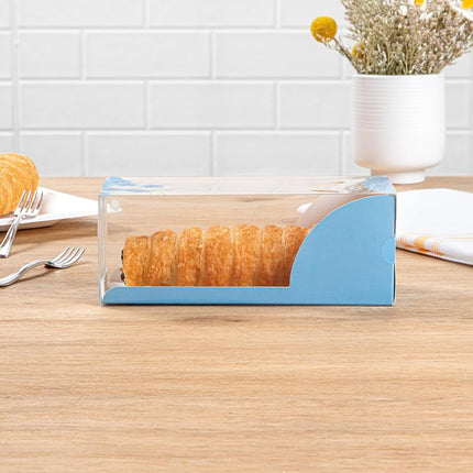 Restaurantware-7 Inch x 2.5 Inch Clear Dessert Boxes, 100 Blue Paper Sleeve Transparent Candy Boxes - Flower Accent, No Grease Lining, Clear Plastic Clear Favor Boxes, Crack Resistant, Disposable