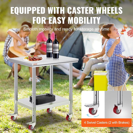 VEVOR Stainless Steel Catering Work Table 76(L) x60(W) x80(H) cm Commercial Work Table with 4 Wheels Commercial Food Prep Workbench with Flexible Adjustment Shelf for Kitchen Prep Table