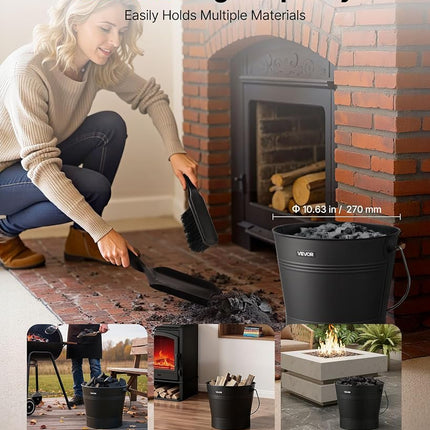VEVOR Ash Bucket, 4 PCS with Lid, Shovel, Broom and Gloves, Metal Fireplace Charcoal Bucket and Ash Can, 9.8L Large Capacity for Fireplace, Fire Pits, Wood Burning Stoves, Indoor and Outdoor