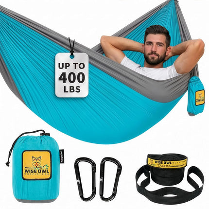 Wise Owl Outfitters Hammock for Camping Single Hammocks Gear for The Outdoors Backpacking Survival or Travel - Portable Lightweight Parachute Nylon SO Lt Blue & Grey
