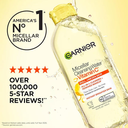 Garnier SkinActive Micellar Water with Vitamin C, Facial Cleanser & Makeup Remover, 13.5 Fl Oz (400mL), 1 Count (Packaging May Vary)