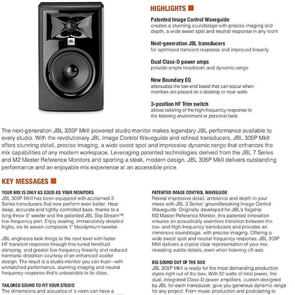 JBL Professional 305P MkII 5-Inch 2-Way Powered, Active Monitor Speakers for Near Field Music Production, Studio Monitor, Desktop Computer, Hi-Fi Audio. Sold as Pair, Black