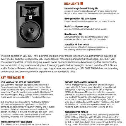 JBL Professional 305P MkII Altavoces monitores activos bidireccionales autoamplificados de 5 pulgadas para producción musical de campo cercano, monitores de estudio, computadoras de escritorio, audio de alta fidelidad. Se venden en pares, negros