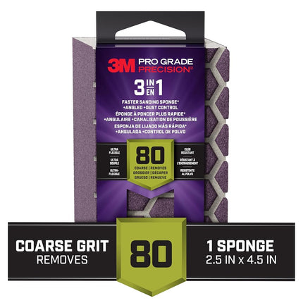 3M Pro Grade Precision 3-in-1 Sanding Sponge, 80 Grit Coarse, for Woodworking, Drywall Prep, and Refinishing, 2.5 in x 4.5 in x 1 in