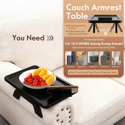 SINWANT Sofa Armrest Tray, Clip On Couch Arm Table, Foldable Sofa Arm Tray with 360° Rotating Phone Holder and Stable Sofa Table for Eating and Drink, Black