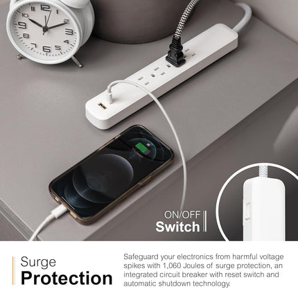 GE UltraPro 4 Outlet Surge Protector, USB-C Charging, 3 ft Designer Braided Cord, 1060 Joules, Compatible w/ iPhone 12/11/Pro/Max/Xs/XR/X/8, Samsung Galaxy S21/S10/S9/Plus, Google Pixel, White, 41354
