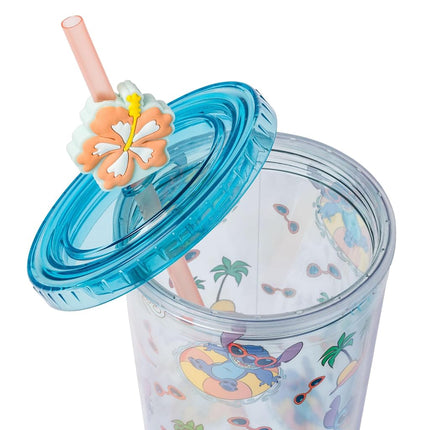 Gobelet en plastique froid Silver Buffalo Disney Lilo et Stitch Motif plage et palmiers, avec couvercle et paille, 700 ml