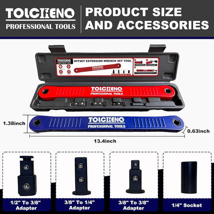 TOLCHENO Offset Extension Wrench Set, Pro Zero Offset Extension Wrench Extender Tool with 1/4", 3/8", 1/2" Square Drive Adapters - Universal Extension Wrenches for Tight Spaces (Blue)