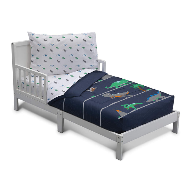 Juego de ropa de cama para cuna de 4 piezas Delta Children para niños - Edredón reversible 2 en 1 - Incluye edredón ajustable para mantener a los pequeños cómodos, sábana bajera, sábana encimera, funda de almohada - Dinosaurio Jurásico