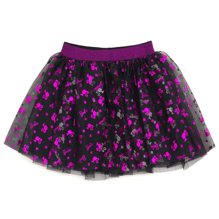 Barbie Girls Camiseta con estampado metálico y falda de malla de tul para niñas pequeñas a mayores, Negro/Película rosa, 6