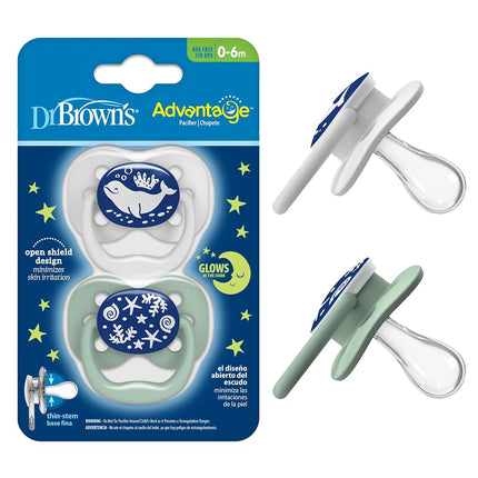 Sucette Advantage Dr. Brown's phosphorescente, apaisant entièrement symétrique avec ampoule en silicone souple, océan bleu, 0-6 m, sans BPA, lot de 2