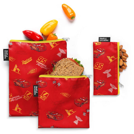 Simple Modern Disney Reusable Snack Bags for Kids, Girls, Boys | Food Safe, BPA & Phthalate Free Zip Pouches | Washable & Refillable Sandwich Bag | Ellie Collection | 3 pack | Cars Lightning Speed