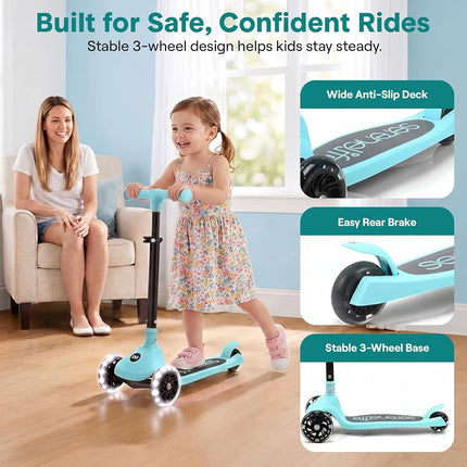 SereneLife Kids Scooter for Ages 3–7 – 3 Wheel Kick Scooter with Seat Option, Light-Up LED Wheels, Lean-to-Steer, Foldable, Adjustable Height, 50 kg Capacity