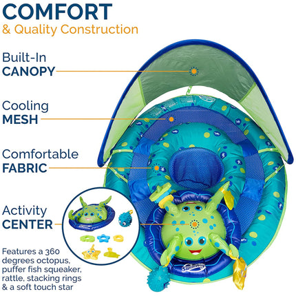 SwimWays 9 to 24 Months Step 1 Inflatable Baby Spring Pool Float Activity Center with Adjustable UPF 50 Sun Canopy & Toys, Octopus