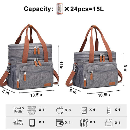 Weitars Lunch Bag for Women Men, Loncheras para Mujer Dual Compartment Waterproof Reusable Large Lunch Box Wide-Open Cooler Tote Bag for Working Picnic Hiking (15L) (Gray(Kahki))