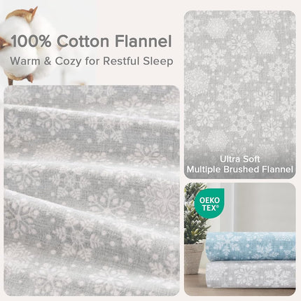 Comfort Spaces Cotton Flannel Breathable Warm Deep Pocket Sheets with Pillow Case Bedding, Cal King, Grey Snowflakes 4 Piece