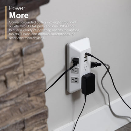 Protector de sobretensión GE de 8 tomas con cable de extensión y toma de corriente USB para oficina en casa 2000J 2 USB-A 1 USB-C Blanco/Gris - 73654