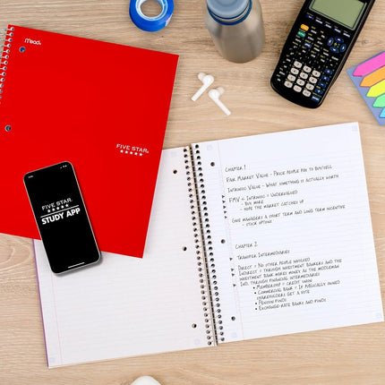 Five Star Spiral Notebook + Study App, 5 Subject, College Ruled Paper, Fights Ink Bleed, Water Resistant Cover, 8-1/2" x 11", 200 Sheets, Red (72077)
