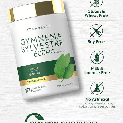 Gymnema Sylvestre Leaf Extract 600 mg | 200 Capsules | Non-GMO and Gluten Free | by Carlyle