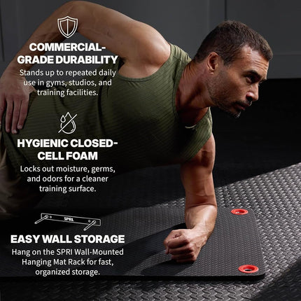SPRI Hanging Exercise Mat, Fitness & Yoga Mat for Group Fitness Classes, Commercial Grade Quality with Reinforced Holes, 56" L x 23" W x 5/8" Thick