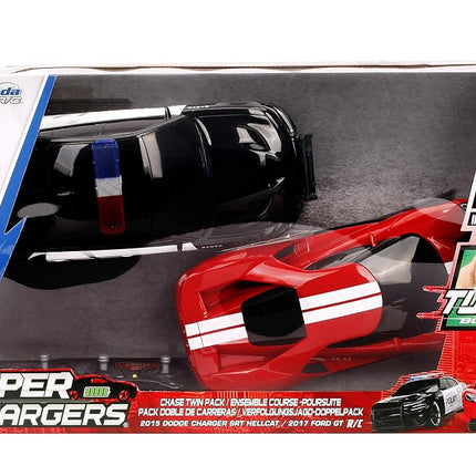 Jada Toys Hyperchargers Heat Chase Radio Control Vehicle - Twin Pack with USB Charging (2Piece), 1: 16 Scale, 2015 Dodge Charger SRT Hellcat & 2017 Ford Gt
