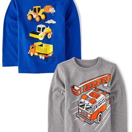 The Children's Place Baby-Boys and Toddler Vehicle Long Sleeve Graphic T-Shirts,Multipacks Camión de bomberos/Vehículos de construcción Paquete de 2 5T
