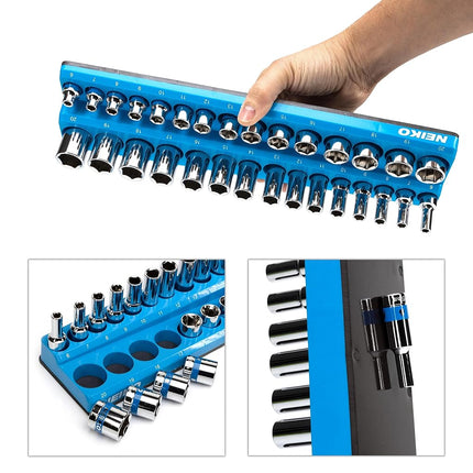 Neiko 03971A Magnetic Socket Holder | 3/8” Drive | 6mm-20mm | Holds Shallow & Deep Sockets Tray | Metric Socket Organizer | 30 Hole Tool Box Storage | Scratch Free Mounting | High Visibility