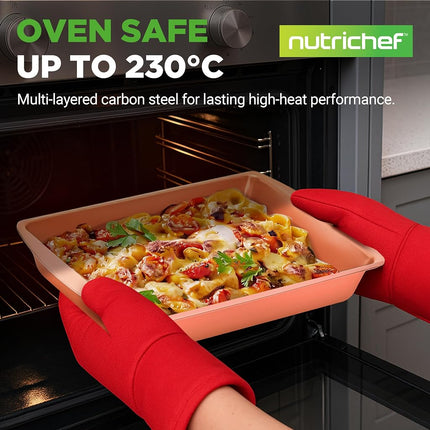 NutriChef 5 Piece Baking Pan Set, Nonstick Carbon Steel Bakeware Pans, Stackable Baking Trays, Kitchen Bake Cookie Sheet for Oven, with Silicone Handles, PFOA, PFOS, PTFE Free