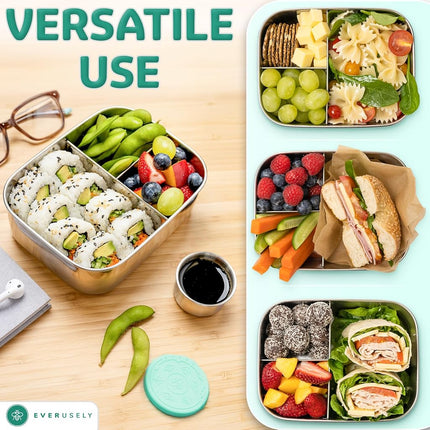 Everusely - Bento Box - Green, 37oz / 1.1 L - Stainless Steel Lunch Box with Leakproof Condiment Container - 3 Compartment Snack Organizer for On the Go Meals - Freezer & Dishwasher Safe