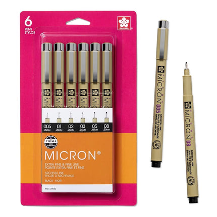 SAKURA Pigma Micron Assorted Pens, Pack of 6, Black
