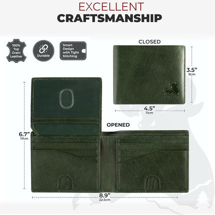 Billetera de cuero tipo bífold RFID para hombre con identificación desplegable en Vintage Buffalo Brown, Buffalo Wild Green Trail, Classic