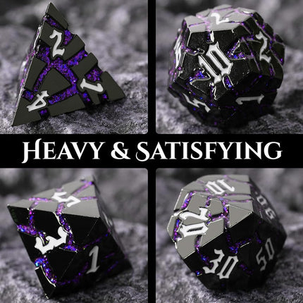Metal Dice for DND - Ancient Cracked - Black Purple Glitter Cracks