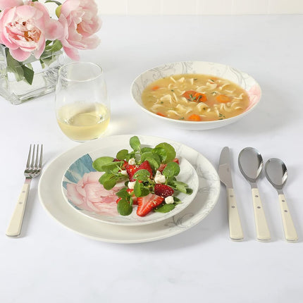 Martha Stewart Empress Bouquet Decorated Porcelain Dinnerware Plates and Bowls Set - Blue Floral, Service for 6 (30pcs)